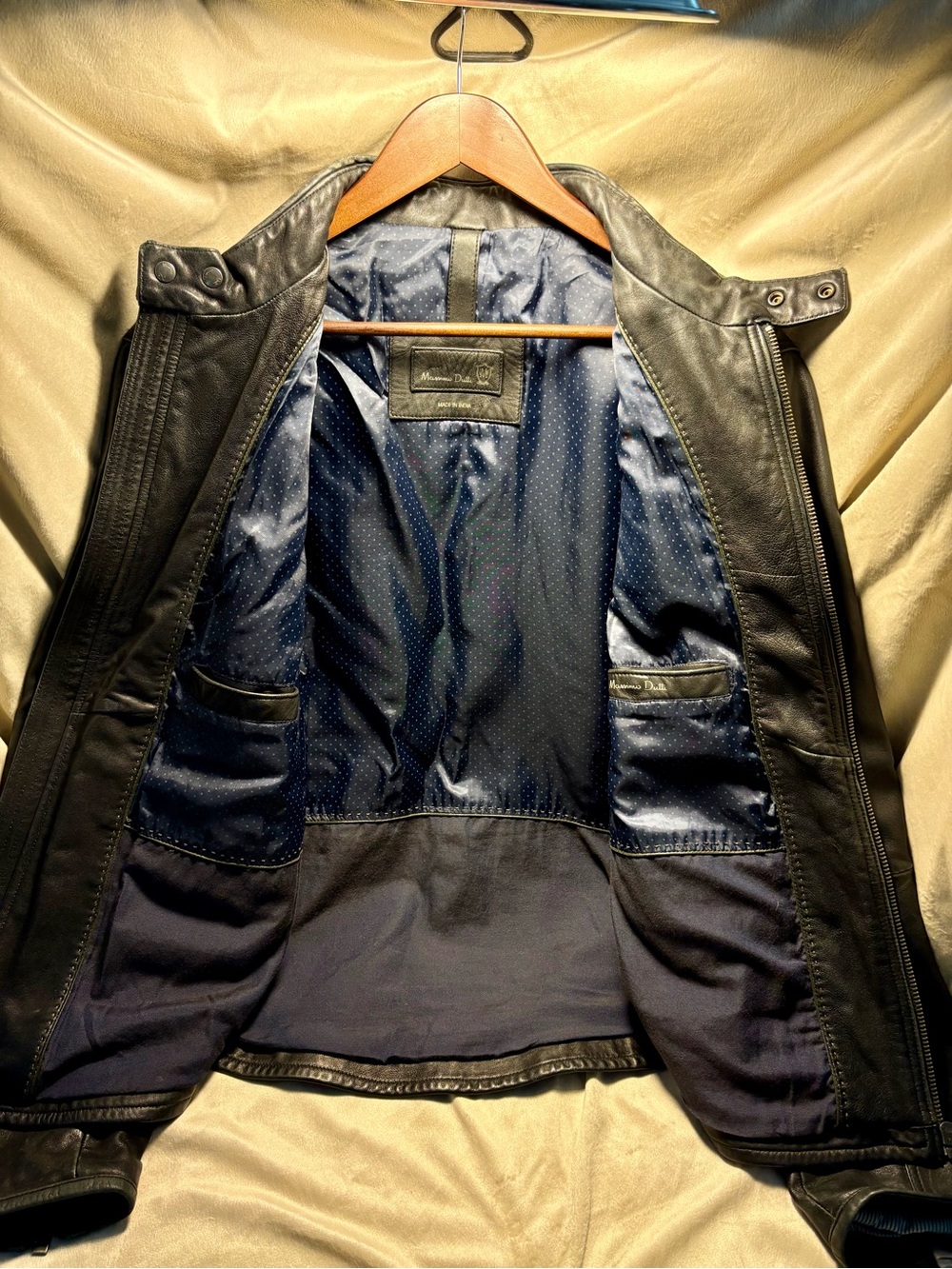 Massimo Dutti Black Leather Bomber with Navy Inner Lining